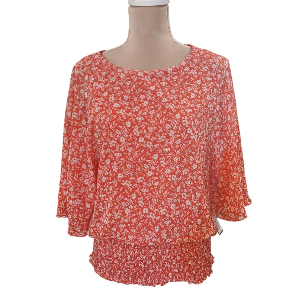 Sam Jess Coral Floral Print Smocked Waist Flutter Sleeve Blouse Top Sz S Modest